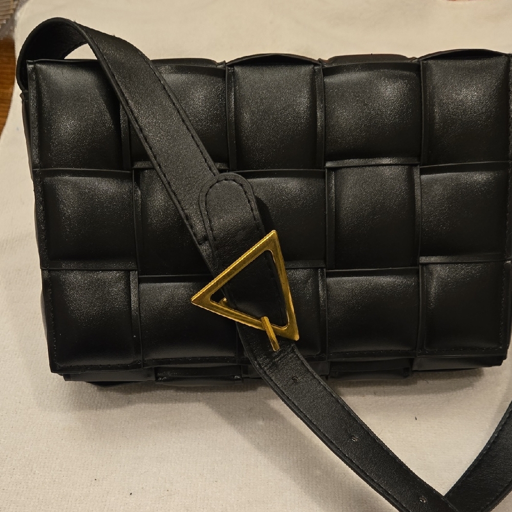Padded Woven Crossbody Bag Gold Triangle Buckle Flap Shoulder Bag
